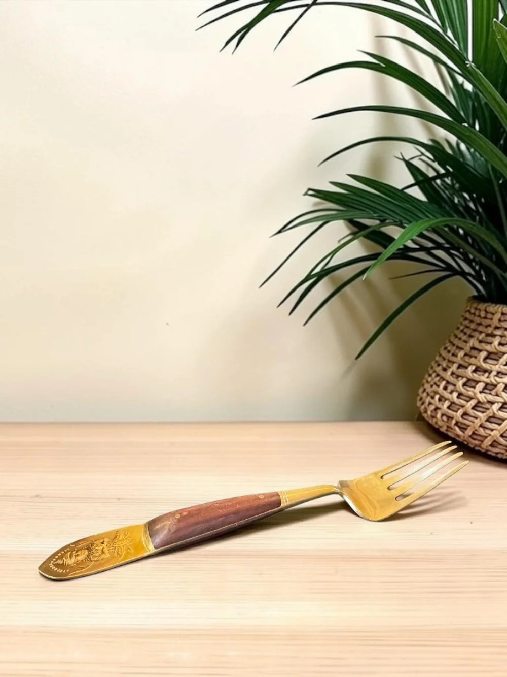 Vintage Siam Thai Brass & Rosewood Buddha Fork Mid Century Flatware